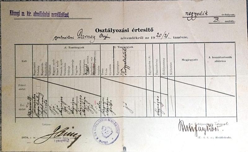 Osztlyozsi rtest szentmrtoni Darnay Arzn nvendkrl az 1920/21. tanvre